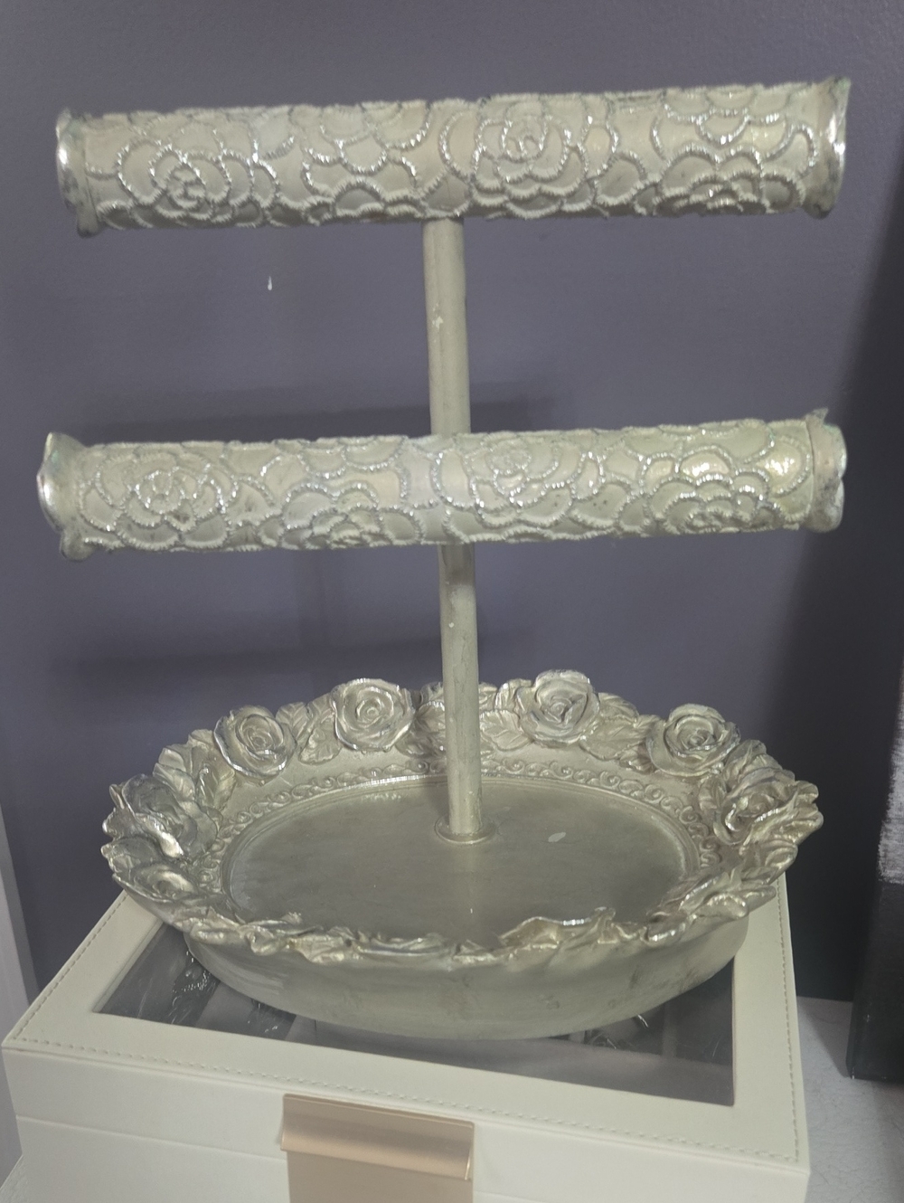 Silver Floral Two-Tier Jewelry Stand